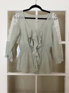 Floreat Sage Green Ruffle Peasant Blouse with Lace Shoulders